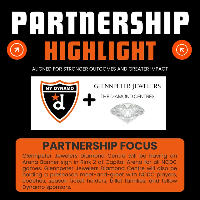 Partnership Highlight: The New York Dynamo NCDC team is proud to announce that Glennpeter Jewelers Diamond Centre has secured a banner at Capital Arena for the upcoming 2026-27 season