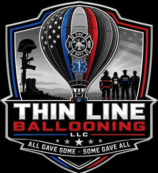 Thin Line Ballooning LLC logo featuring a hot air balloon, first responders, and the motto “All gave some, some gave all.”