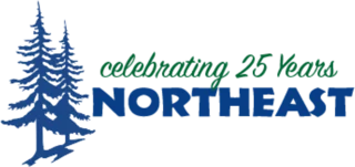 Northeast Charter & Tour logo with blue pine trees, “celebrating 25 Years” in green script, and “Northeast” in blue.